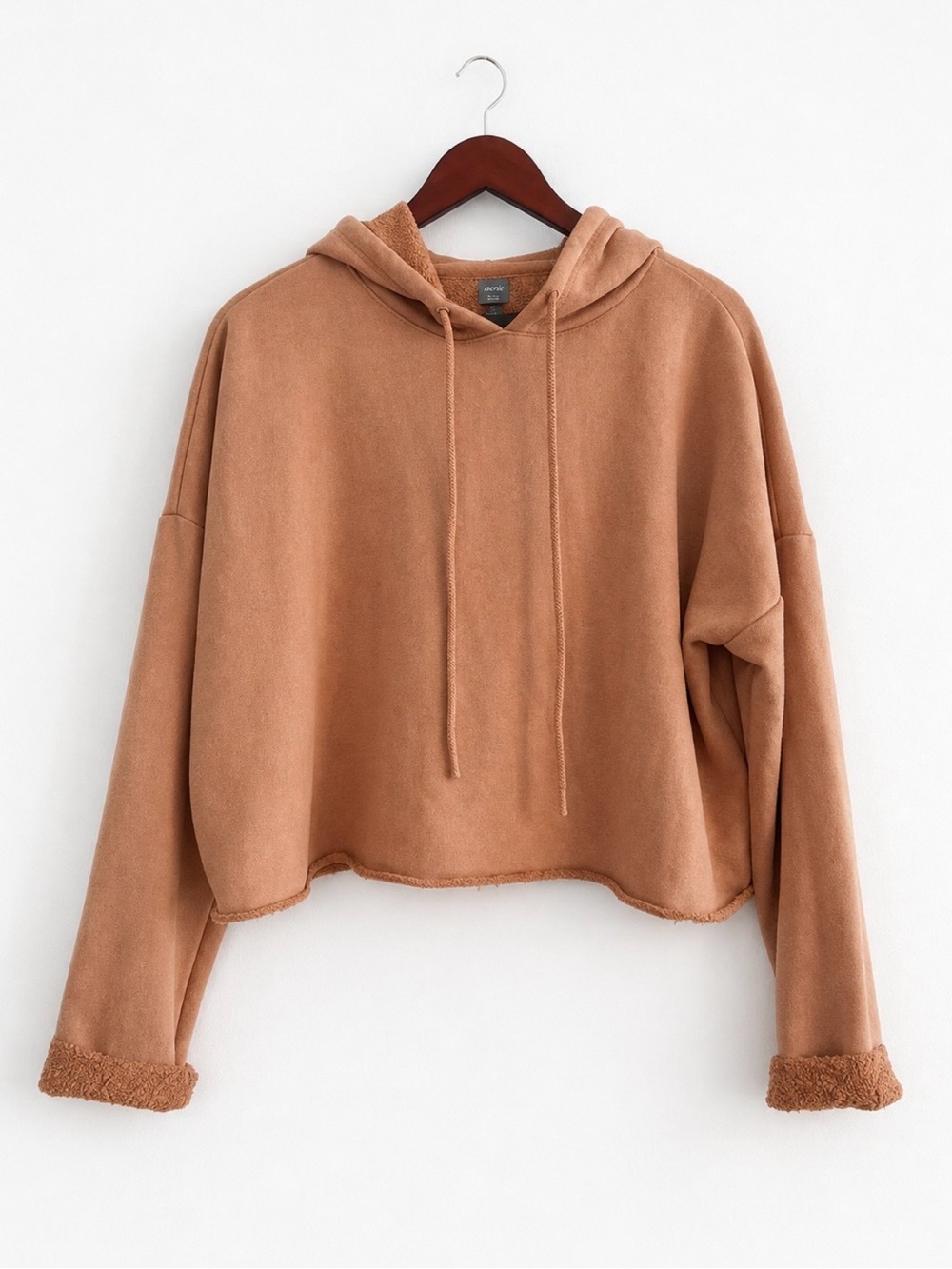 Aerie Cropped Hoodie Sweatshirt Women’s Large Light Brown Raw Hem